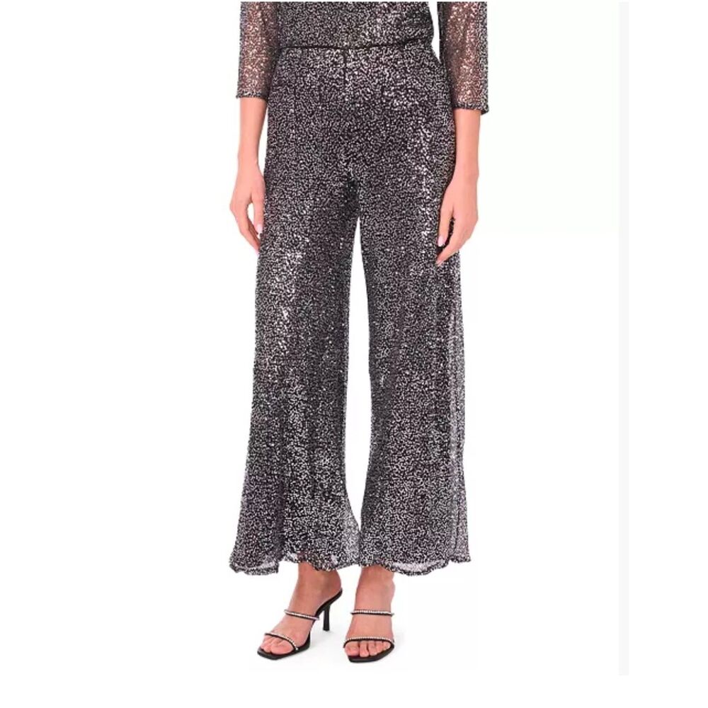 MSK Black Silver Sequined Pull On Pants Size L NWT